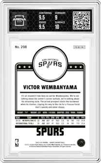 Victor Wembanyama from the 2023-24 Panini NBA Hoops set featuring a Winter parallel graded by Arena Club and given an overall grade of 9.5.