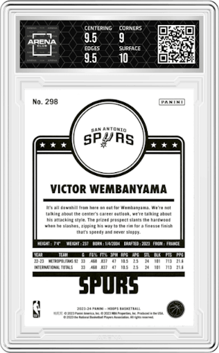 Victor Wembanyama from the 2023-24 Panini NBA Hoops set featuring a Winter parallel graded by Arena Club and given an overall grade of 9.5.