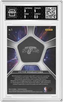 Victor Wembanyama from the 2023-24 Panini Prizm set graded by Arena Club and given an overall grade of 8.5.