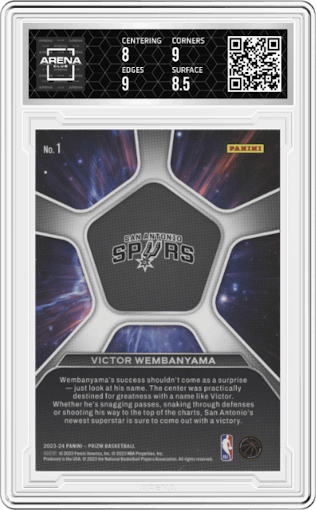 Victor Wembanyama from the 2023-24 Panini Prizm set graded by Arena Club and given an overall grade of 8.5.