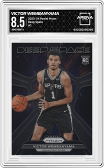 Victor Wembanyama from the 2023-24 Panini Prizm set graded by Arena Club and given an overall grade of 8.5.