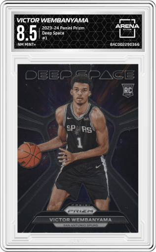 Victor Wembanyama from the 2023-24 Panini Prizm set graded by Arena Club and given an overall grade of 8.5.