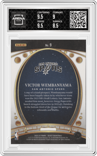 Victor Wembanyama from the 2023-24 Panini Select  set graded by Arena Club and given an overall grade of 9.