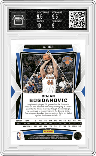 Bojan Bogdanovic from the 2023-24 Panini Obsidian set featuring a Electric Etch Neon Flood parallel graded by Arena Club and given an overall grade of 9.5.