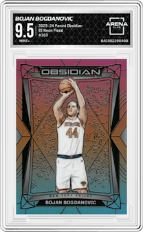Bojan Bogdanovic from the 2023-24 Panini Obsidian set featuring a Electric Etch Neon Flood parallel graded by Arena Club and given an overall grade of 9.5.