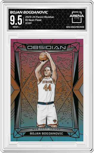 Bojan Bogdanovic from the 2023-24 Panini Obsidian set featuring a Electric Etch Neon Flood parallel graded by Arena Club and given an overall grade of 9.5.