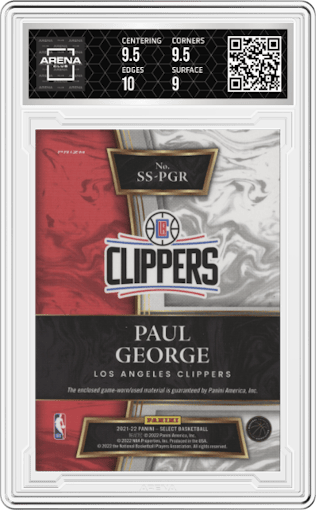 Paul George from the 2021-22 Panini Select set graded by Arena Club and given an overall grade of 9.5.