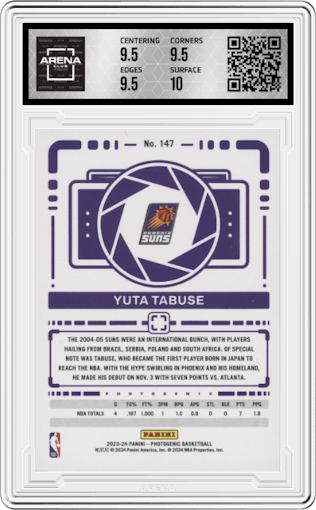 Yuta Tabuse from the 2023-24 Panini Photogenic set featuring a Diamond parallel graded by Arena Club and given an overall grade of 10.