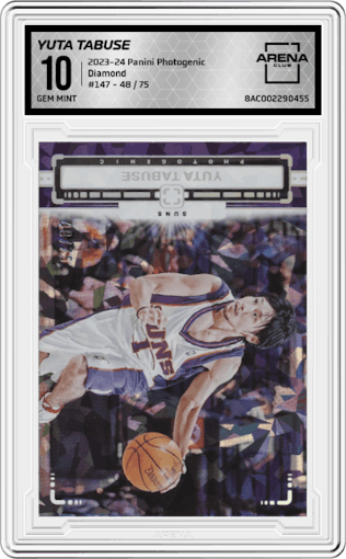 Yuta Tabuse from the 2023-24 Panini Photogenic set featuring a Diamond parallel graded by Arena Club and given an overall grade of 10.