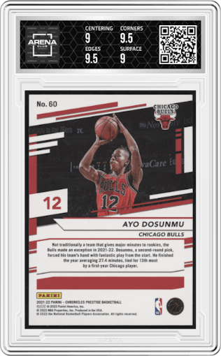 Ayo Dosunmu from the 2021-22 Panini Chronicles set featuring a Asia Red parallel graded by Arena Club and given an overall grade of 9.5.