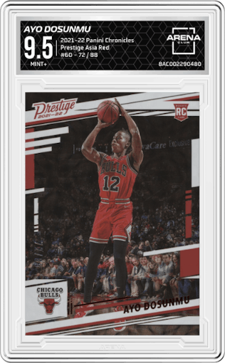 Ayo Dosunmu from the 2021-22 Panini Chronicles set featuring a Asia Red parallel graded by Arena Club and given an overall grade of 9.5.