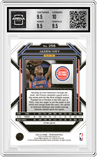 Jaden Ivey from the 2022-23 Panini Prizm  set featuring a Green Prizm parallel graded by Arena Club and given an overall grade of 10.