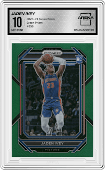 Jaden Ivey from the 2022-23 Panini Prizm  set featuring a Green Prizm parallel graded by Arena Club and given an overall grade of 10.