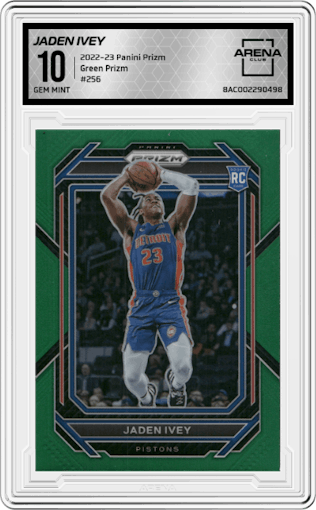 Jaden Ivey from the 2022-23 Panini Prizm  set featuring a Green Prizm parallel graded by Arena Club and given an overall grade of 10.