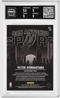 Victor Wembanyama from the 2023-24 Panini NBA Hoops set graded by Arena Club and given an overall grade of 9.