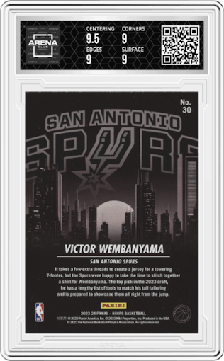 Victor Wembanyama from the 2023-24 Panini NBA Hoops set graded by Arena Club and given an overall grade of 9.