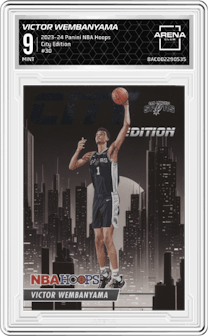 Victor Wembanyama from the 2023-24 Panini NBA Hoops set graded by Arena Club and given an overall grade of 9.