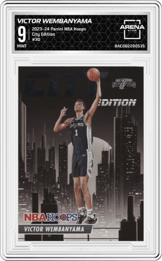 Victor Wembanyama from the 2023-24 Panini NBA Hoops set graded by Arena Club and given an overall grade of 9.