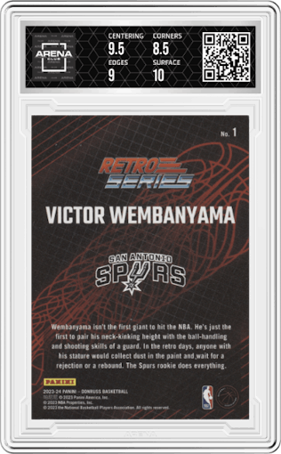 Victor Wembanyama from the 2023-24 Panini Donruss set graded by Arena Club and given an overall grade of 9.