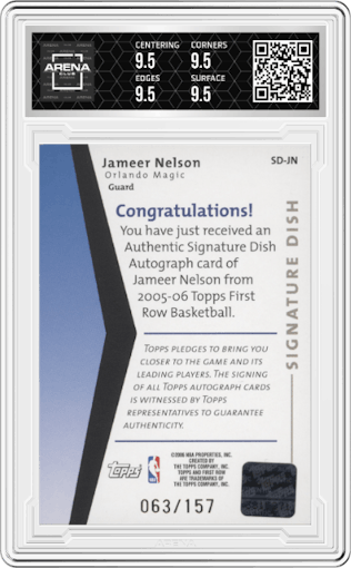 Jameer Nelson from the 2005-06 Topps First Row set graded by Arena Club and given an overall grade of 9.5.