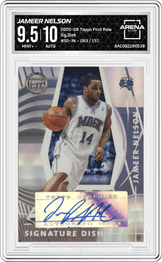 Jameer Nelson from the 2005-06 Topps First Row set graded by Arena Club and given an overall grade of 9.5.