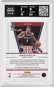 David Duke Jr. from the 2021-22 Panini Chronicles set featuring a Jade Asia parallel graded by Arena Club and given an overall grade of 8.5.