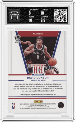 David Duke Jr. from the 2021-22 Panini Chronicles set featuring a Jade Asia parallel graded by Arena Club and given an overall grade of 8.5.