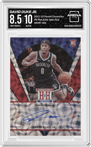 David Duke Jr. from the 2021-22 Panini Chronicles set featuring a Jade Asia parallel graded by Arena Club and given an overall grade of 8.5.