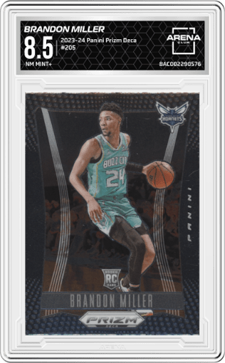 Brandon Miller from the 2023-24 Panini Prizm Deca set graded by Arena Club and given an overall grade of 8.5.