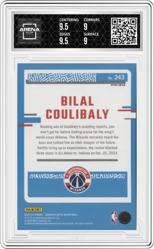 Bilal Coulibaly from the 2023-24 Donruss Optic set featuring a Hyper Pink parallel graded by Arena Club and given an overall grade of 9.5.