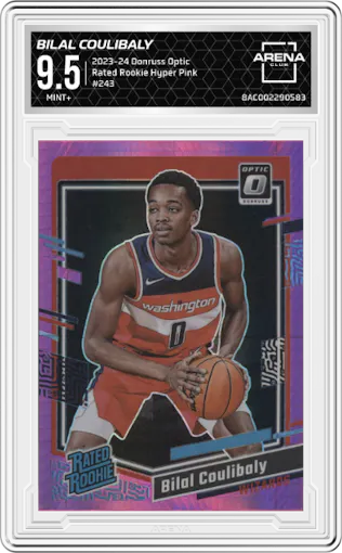 Bilal Coulibaly from the 2023-24 Donruss Optic set featuring a Hyper Pink parallel graded by Arena Club and given an overall grade of 9.5.