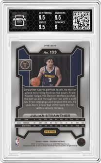 Julian Strawther from the 2023-24 Panini Prizm set featuring a Pink Ice parallel graded by Arena Club and given an overall grade of 9.5.