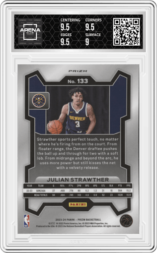 Julian Strawther from the 2023-24 Panini Prizm set featuring a Pink Ice parallel graded by Arena Club and given an overall grade of 9.5.