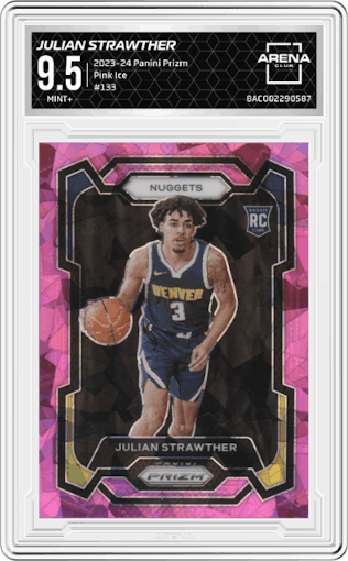 Julian Strawther from the 2023-24 Panini Prizm set featuring a Pink Ice parallel graded by Arena Club and given an overall grade of 9.5.