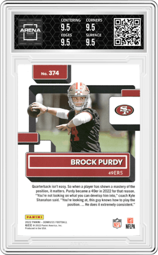 Brock Purdy from the 2022 Panini Donruss set graded by Arena Club and given an overall grade of 9.5.