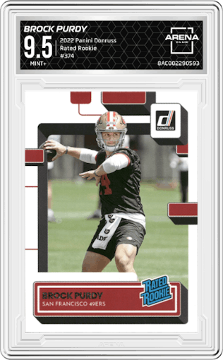 Brock Purdy from the 2022 Panini Donruss set graded by Arena Club and given an overall grade of 9.5.