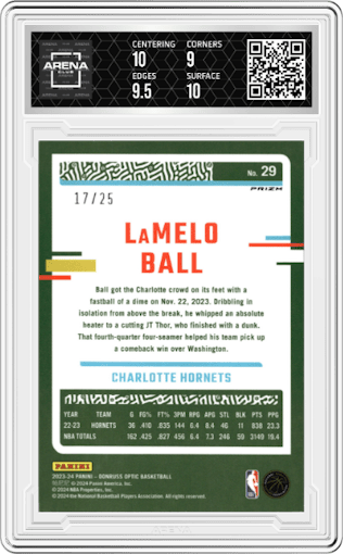 LaMelo Ball from the 2023-24 Donruss Optic set featuring a Fast Break Pink parallel graded by Arena Club and given an overall grade of 9.5.