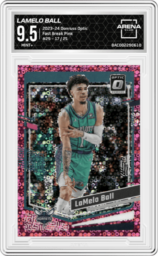 LaMelo Ball from the 2023-24 Donruss Optic set featuring a Fast Break Pink parallel graded by Arena Club and given an overall grade of 9.5.