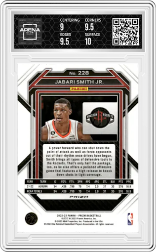 Jabari Smith Jr. from the 2022-23 Panini Prizm  set featuring a Blue Wave parallel graded by Arena Club and given an overall grade of 9.5.