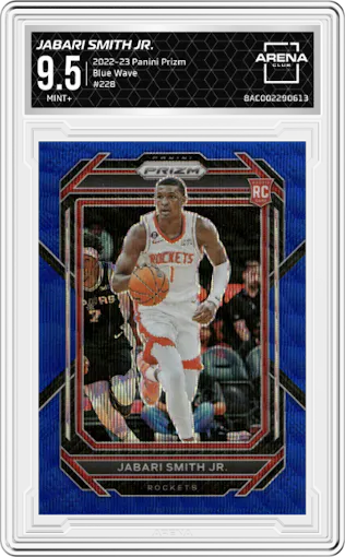 Jabari Smith Jr. from the 2022-23 Panini Prizm  set featuring a Blue Wave parallel graded by Arena Club and given an overall grade of 9.5.