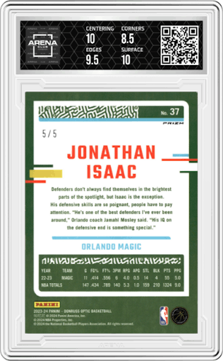 Jonathan Isaac from the 2023-24 Donruss Optic set featuring a Fast Break Neon Green parallel graded by Arena Club and given an overall grade of 9.