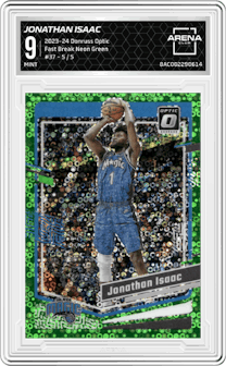 Jonathan Isaac from the 2023-24 Donruss Optic set featuring a Fast Break Neon Green parallel graded by Arena Club and given an overall grade of 9.
