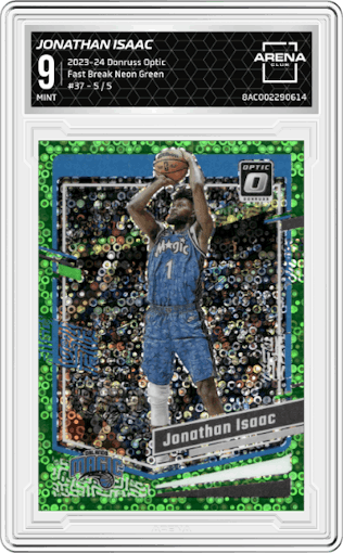 Jonathan Isaac from the 2023-24 Donruss Optic set featuring a Fast Break Neon Green parallel graded by Arena Club and given an overall grade of 9.