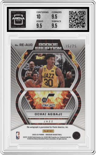 Ochai Agbaji from the 2022-23 Panini Obsidian set featuring a Electric Etch Purple parallel graded by Arena Club and given an overall grade of 10.