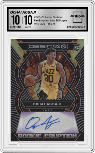 Ochai Agbaji from the 2022-23 Panini Obsidian set featuring a Electric Etch Purple parallel graded by Arena Club and given an overall grade of 10.