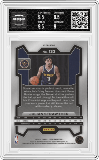 Julian Strawther from the 2023-24 Panini Prizm set featuring a Pink Ice parallel graded by Arena Club and given an overall grade of 9.5.