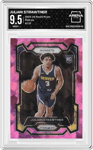 Julian Strawther from the 2023-24 Panini Prizm set featuring a Pink Ice parallel graded by Arena Club and given an overall grade of 9.5.