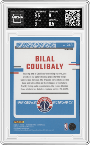 Bilal Coulibaly from the 2023-24 Donruss Optic set featuring a Hyper Pink parallel graded by Arena Club and given an overall grade of 9.