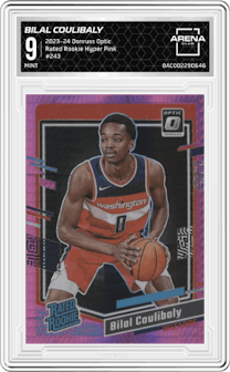 Bilal Coulibaly from the 2023-24 Donruss Optic set featuring a Hyper Pink parallel graded by Arena Club and given an overall grade of 9.