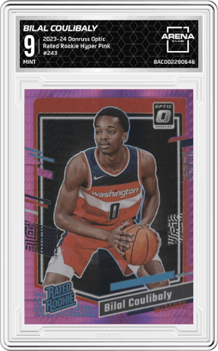 Bilal Coulibaly from the 2023-24 Donruss Optic set featuring a Hyper Pink parallel graded by Arena Club and given an overall grade of 9.